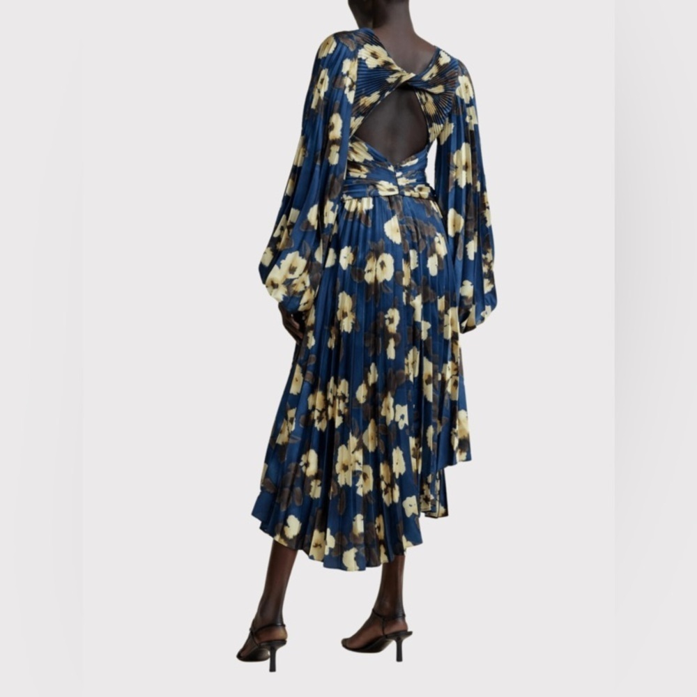 Acler Palms Pleated Long Sleeve Midi Dress Navy Floral Size 2 - Picture 5 of 15